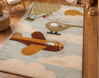 Kids Airplane Wool Rug: Hand Tufted Aviation Theme Nursery Area Carpet