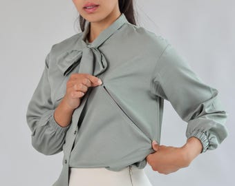 Nursing Breastfeeding Shirt with Hidden Zippers Green