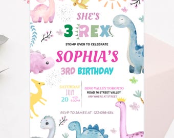 Bewerkbare dinosaurusverjaardagsuitnodiging: canva-sjabloon voor dinofeest (digitale download)