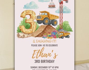 Invito per il 3° compleanno di un escavatore: invito di compleanno per la costruzione, download digitale, modello Canva