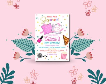 Invito di compleanno per pigiama party: serata al cinema, pizza party (modello modificabile Canva 5x7)