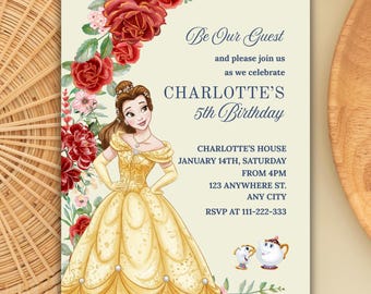 Invito di compleanno da favola, invito per la festa delle rose incantate, modello modificabile per Quinceañera, download digitale