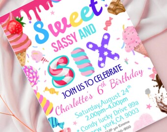 Invito per il compleanno di Sweet Sassy Six: tema ciambelle e caramelle (modello Canva modificabile scaricabile)