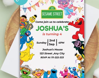 Invito di compleanno modificabile di Sesame Street: Elmo, Cookie Monster, Big Bird (invito stampabile Canva)
