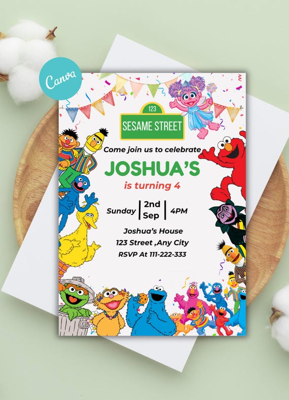 Editable Sesame Street Birthday Invitation: Elmo, Cookie Monster, Big Bird (Canva Printable Invite)