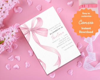 Invito per il 13° compleanno: festa con fiocco rosa (download digitale, 5x7)