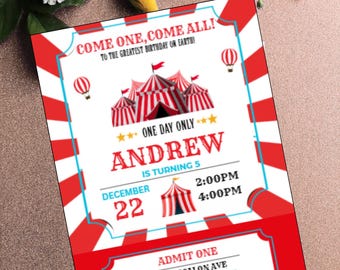 Invito di compleanno a tema circo: biglietto di carnevale, modello Canva modificabile (download digitale)