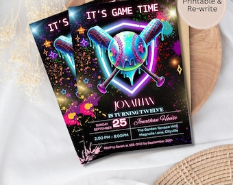 Modello modificabile per invito di compleanno con gelato al baseball — Tema neon Canva Digital Design