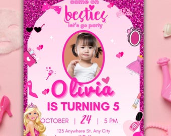 Invito di compleanno per bambola rosa, modello per festa con glitter (Canva Digital)