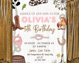 Invito al primo compleanno da rodeo: modello Canva per festa da cowgirl retrò in stile western, download immediato