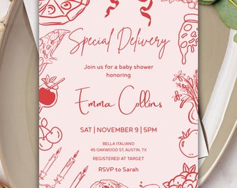 Invito modificabile per baby shower a tema pizza: tema consegna speciale disegnato a mano (download digitale)