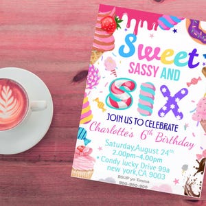 6 th Girl Birthday Invitation | Sweet Sassy and Six | Pastel Donut Candy Theme (Editable Download)