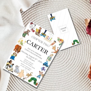 May include: Two white invitation cards with colorful illustrations and text. The main card reads "CHAPTER TWO CARTER" and invites guests to a second birthday party. The second card says "THANK YOU". The cards are surrounded by illustrations of animals and books.