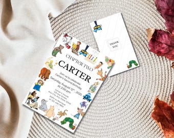 Invito di compleanno modificabile con fiabe: tema biblioteca (download digitale)