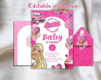 Invito di compleanno per bambola rosa: invito modificabile per una festa di moda (download digitale)