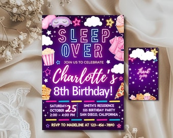 Invito di compleanno per pigiama party al neon: modello modificabile per festa in spa (download digitale)