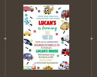 Invito di compleanno a tema trasporti: camion, treni, automobili (download digitale, modello Canva modificabile)