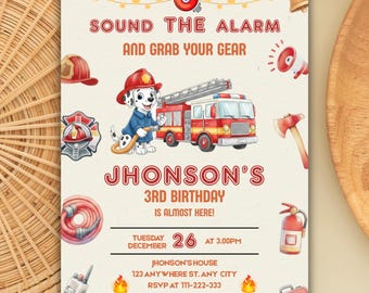 Modello di invito di compleanno per camion dei pompieri: modello Canva per cani (download digitale 5x7)