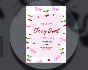 Invito di compleanno con fiocco di ciliegio, modello Canva modificabile, invito personalizzato da scaricare digitalmente