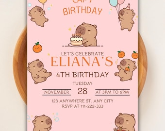 Invito di compleanno modificabile per capibara: modello Canva per festa per ragazze (download digitale 5x7)