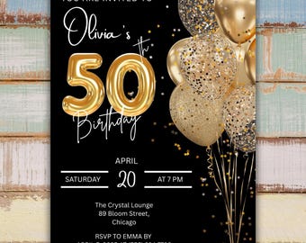 Modello digitale per invito al 50° compleanno: download immediato di Canva Evite nero e oro