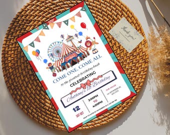 Karnevalseinladungen Druckbare Vorlage, Zirkus-Geburtstags-Einladung Canva Bearbeitbare Vorlage Digitaler Download