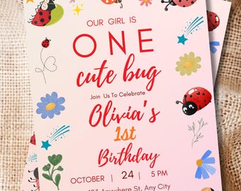 Invito modificabile per il primo compleanno di Ladybug Girl: modello Canva modificabile (download digitale)