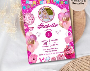 Fashion Doll Birthday Invitation Template, Editable Pink Glitter Girl Birthday Invite Canva Digital Download