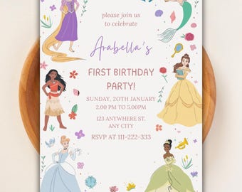 Invito di compleanno a tema principessa ad acquerello, invito per festa di compleanno per bambine a tema principessa e amiche, modello Canva modificabile, download digitale stampabile.