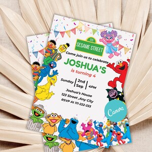 Pu&ograve; includere: Due inviti per una festa di compleanno a tema Sesame Street. Gli inviti presentano illustrazioni colorate dei personaggi di Sesame Street, coriandoli e il testo "Unisciti a noi per festeggiare i 4 anni di Joshua".