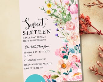 Invito per i 16 anni con fiori di campo pastello: modello Canva modificabile (download digitale 5x7")