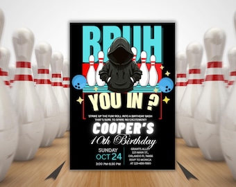 Bowling Birthday Party Invitation: Editable Canva Template (Digital Download)