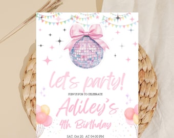 Invito di compleanno con palla da discoteca con fiocco rosa / festa di civetteria (modello digitale)