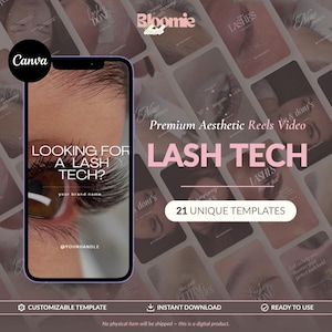 Może przedstawiać: Cyfrowa kolekcja 21 edytowalnych szablonów wideo do mediów społecznościowych dla stylistek rzęs. Ekran przedstawia smartfon z zbliżeniem na oko z długimi rzęsami oraz tekst LOOKING FOR A LASH TECH? oraz LASH TECH.
