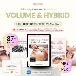 Peut inclure: Un manuel de formation masterclass pour cils Volume & Hybrid de plus de 87 pages au format A4. Il inclut des formulaires de salon, des modèles pour Instagram, un certificat de fin de formation et des modèles de devoirs, modifiable sur Canva.