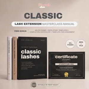 Könnte beinhalten: Ein Classic Lash Extension Masterclass Handbuch-Set mit einem schwarzen Buch mit dem Titel classic lashes, zwei kleineren Büchern und einem Abschlusszertifikat. Der Text enthält Informationen zu Salonformularen und Vorlagen.