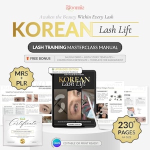 May include: An advertisement for a Korean Lash Lift training manual. The image features the manual's cover, which is black with gold lettering. Additional elements include a certificate, sample pages, and the text "230+ PAGES A4 SIZE".