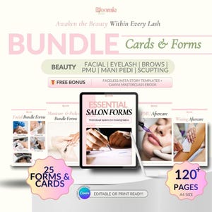Könnte beinhalten: Werbebild für Schönheitssalon-Formulare und -Karten. Das Bild zeigt den Text "BUNDLE Cards & Forms" und "ESSENTIAL SALON FORMS". Das Bild enthält auch den Text "25 FORMS & CARDS" und "120+ PAGES A4 SIZE".