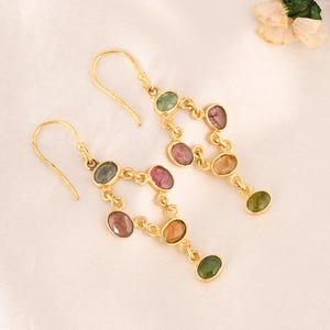 Multi Tourmaline Chandelier Earrings: Gold Plated Brass Dangle Jewelry