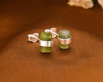 Raw Green Tourmaline Stud Earrings, Sterling Silver Minimalist Rough Crystal Jewelry Gift for Her
