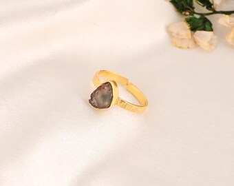 Raw Watermelon Tourmaline Ring: Adjustable Gold Plated Brass, Handmade