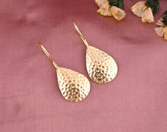 Handmade Hammered Brass Teardrop Dangle Earrings, Boho Artisan Jewelry