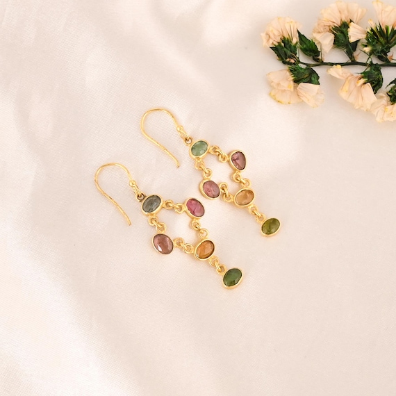 Multi Tourmaline Chandelier Earrings: Gold Plated Brass Dangle Jewelry