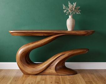 手作りの彫刻的なウォールナット製コンソールテーブル – オーガニックモダンな玄関のアクセントピース