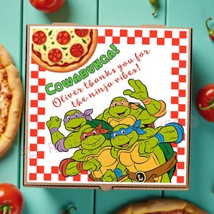 May include: A pizza box featuring the Teenage Mutant Ninja Turtles with the text "COWABUNGA! Oliver thanks you for the ninja vibes!" The box is surrounded by pizza, tomatoes, and red chili peppers on a teal surface.