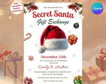 Può includere: Un invito festivo per uno scambio di regali di Secret Santa. Il design presenta un cappello rosso di Babbo Natale, fiocchi di neve e scatole regalo. Il testo include la data, l'ora e il luogo dell'evento.