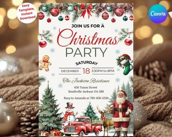 May include: Christmas party invitation with festive watercolor illustrations. The invitation features a Christmas tree, Santa Claus, a snowman, and a red truck. The text reads "Join us for a Christmas Party" with event details.