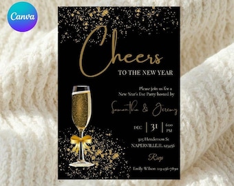 Könnte beinhalten: Schwarze Neujahrsparty-Einladung mit goldenem Text und Akzenten. Die Einladung zeigt ein Champagnerglas mit goldener Schleife, die Worte "Cheers to the New Year" und Party-Details.