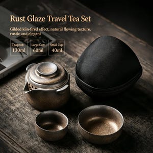 May include: A Rust Glaze Travel Tea Set featuring a teapot with a 130ml capacity, a large cup with a 60ml capacity, and a small cup with a 40ml capacity. The set includes a black, textured, zippered carrying case for storage and transport.