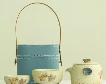 Vintage White Porcelain Travel Tea Set, Hand Painted Portable Tea Ware, Gift for Tea Lovers